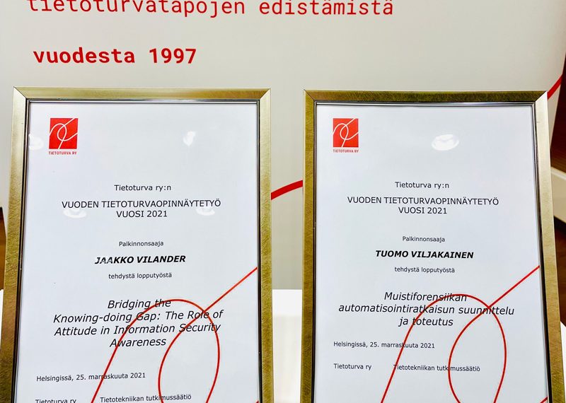 Tietoturva ry palkitsi vuoden 2021 parhaat tietoturva-aiheiset opinnäytetyöt